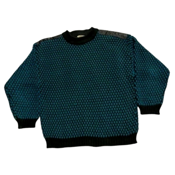 Vtg Textured Black/ Green Crewneck 3d Cosby Sweater Leather Shoulder Tabs Sz M - Picture 4 of 11
